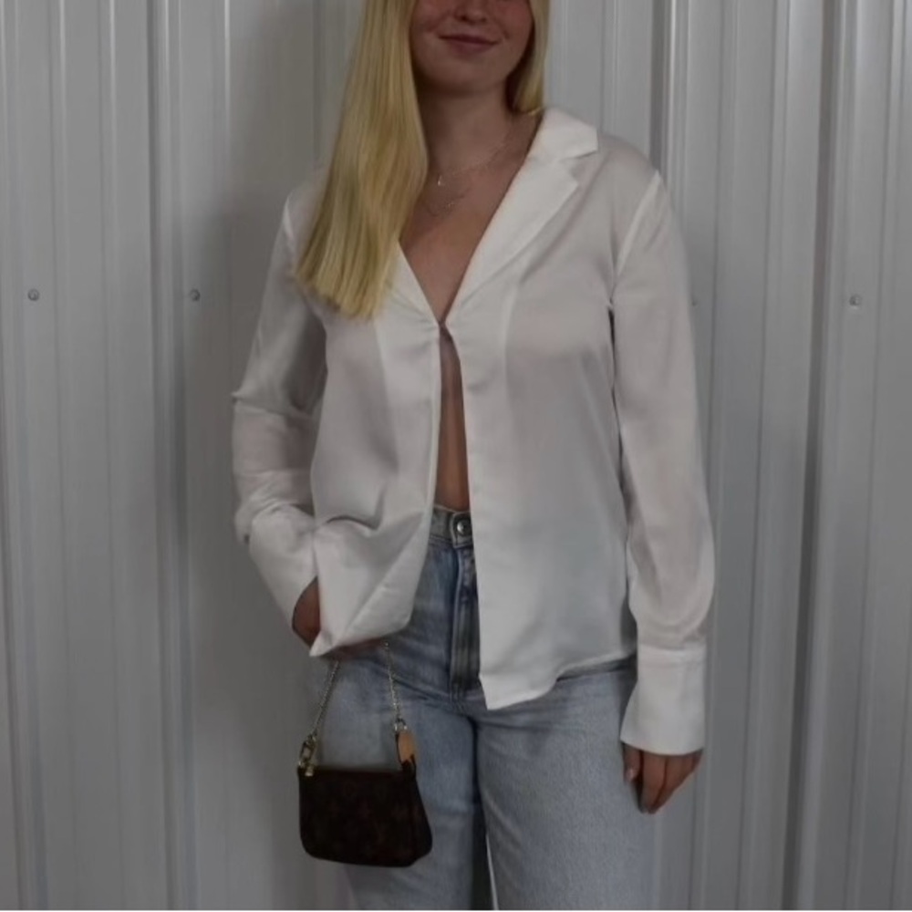 Women's White Satin Button-Down Shirt - Relaxed Collared Blouse